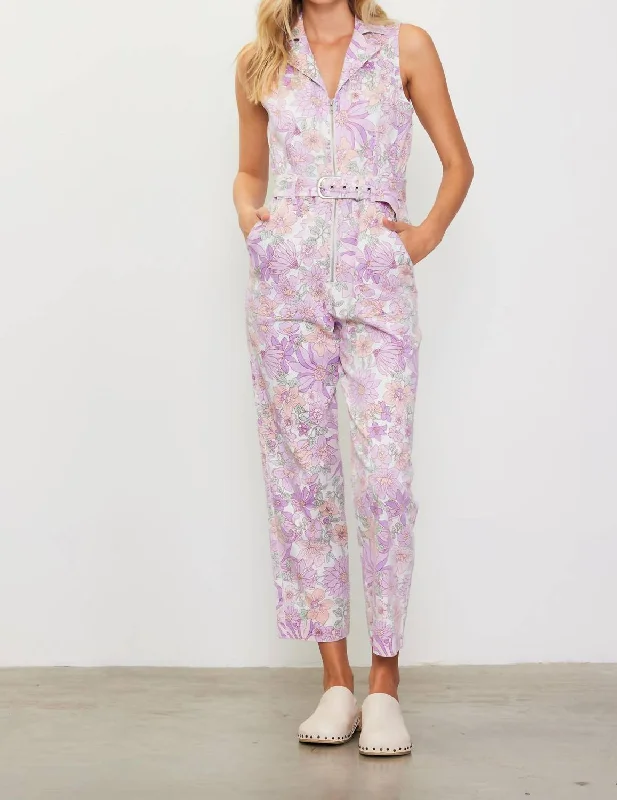 women's thermal pantsRetro Floral Belted Zip Jumpsuit In Lavender