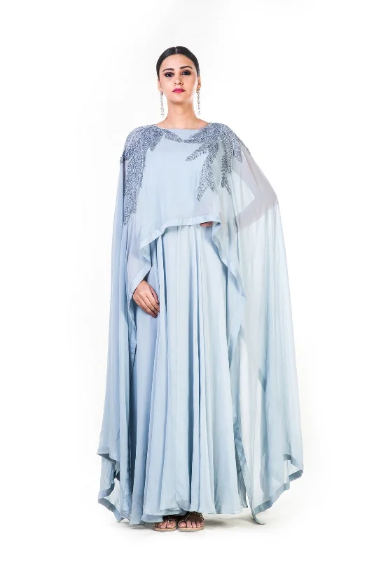 Formal Dress for Oscar NightsHand Embroidered Ice Grey Long Cape Style Gown