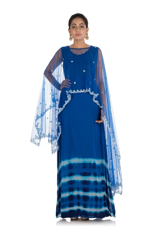 Formal Dress for Masquerade BallsHand Embroidered Royal Blue Tie & Dye Cape Gown