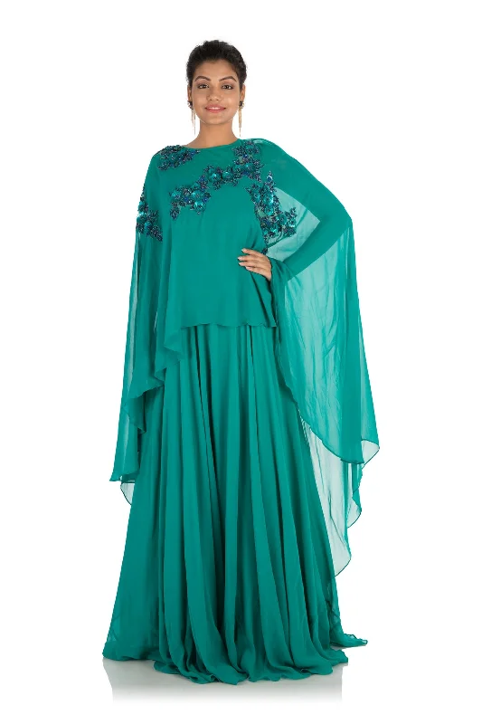 Formal Dress for Beach WeddingsHand Embroidered Pine Green Long Cape Gown