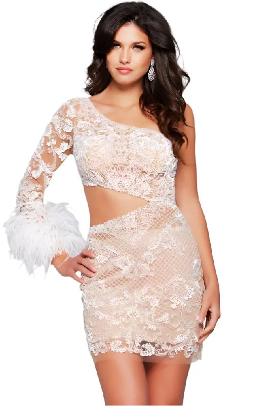 Formal Dress for Cultural ParadesJovani 23527 Cocktail Dress Sheer Cutout Feather Sequin Lace Long Sleeve One Shoulder Formal Gown