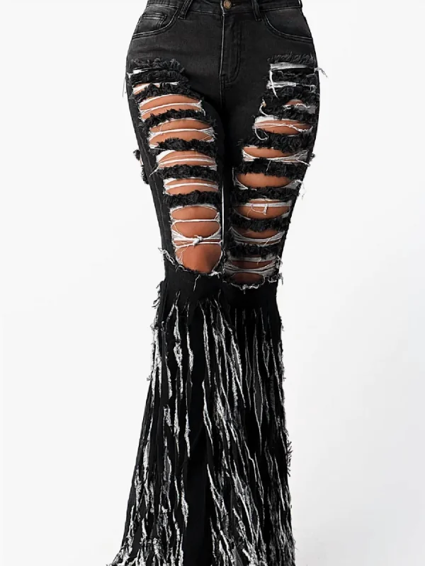 women's hot pantsRipped Destroyed Fringe Pant In Black