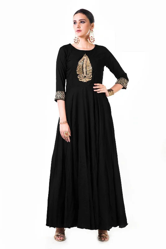 Formal Dress for Religious CeremoniesBlack Leaf Hand Embroidered Silk Anarkali Gown