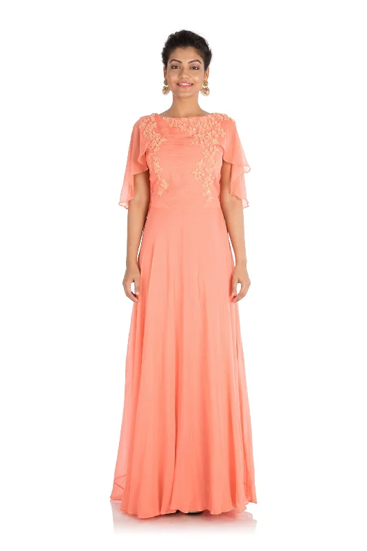 Formal Dress for Opera NightsHand Embroidered Apricot Backside Cape Gown