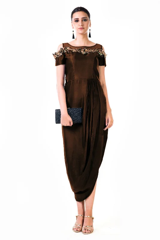 Formal Dress for Grammy AwardsChocolate Brown Hand Embroidered Cold Shoulder Draped Gown