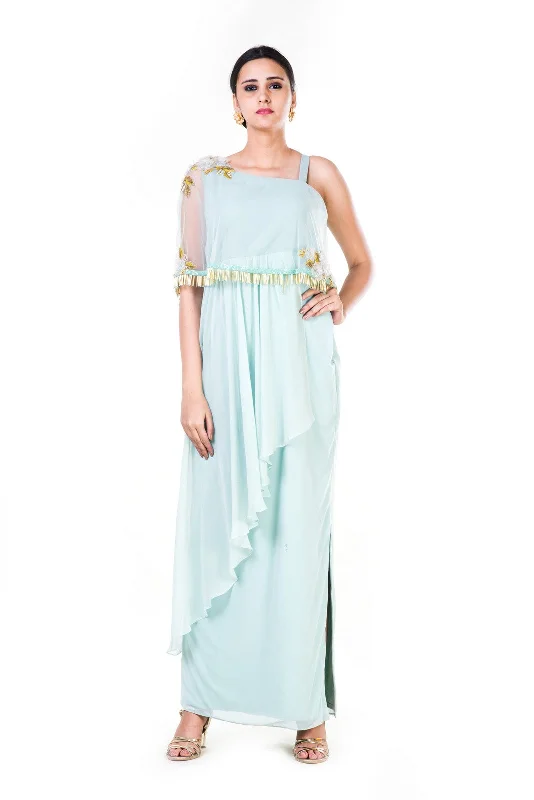 Formal Dress for GalasBlush Green Single Shoulder Cape Fringe Work Gown