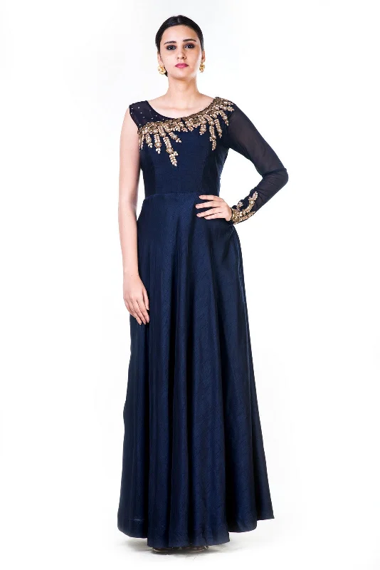 Formal Dress Trends 2023Embroidered Navy Blue One Side Full Sleeves Gown