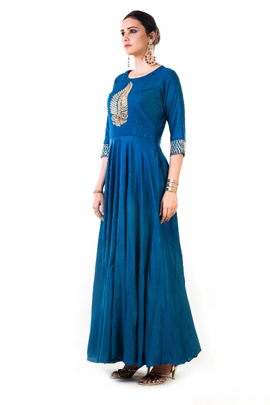 Formal Dress for Formal DancesBlue Leaf Hand Embroidered Silk Anarkali Gown