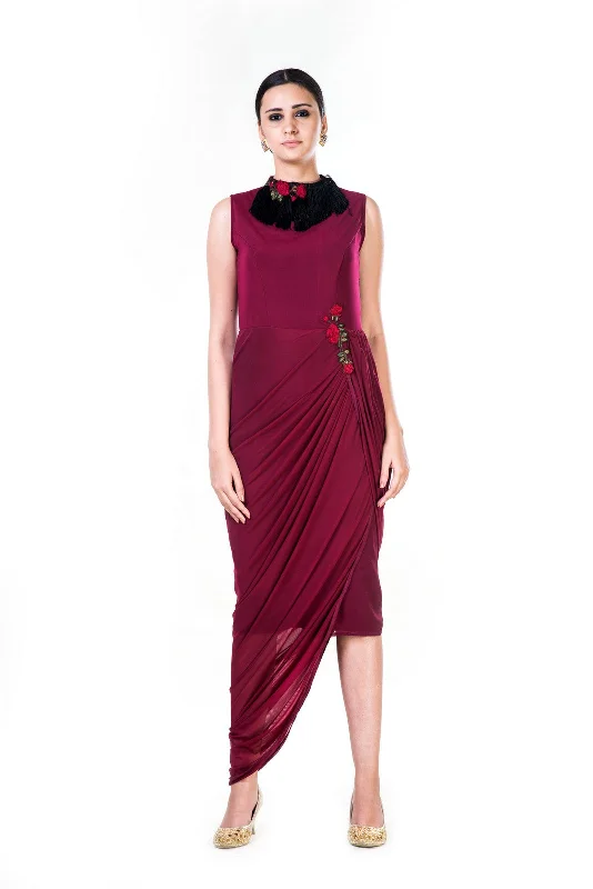 Formal Dress for EveningsEmbroidered Maroon Fringe Neck Drape Gown