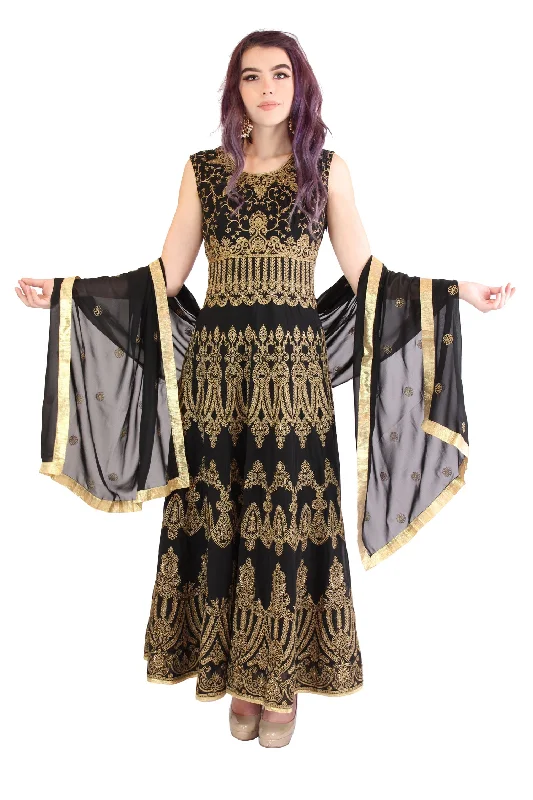 Formal Dress for Eco-Friendly ThemesElegant Black Embroidered Sleeveless Floor Length Long Anarkali Gown