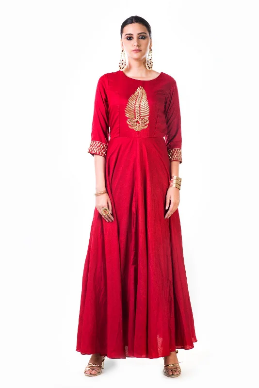 Formal Dress for Bar MitzvahsRed Leaf Hand Embroidered Silk Anarkali Gown