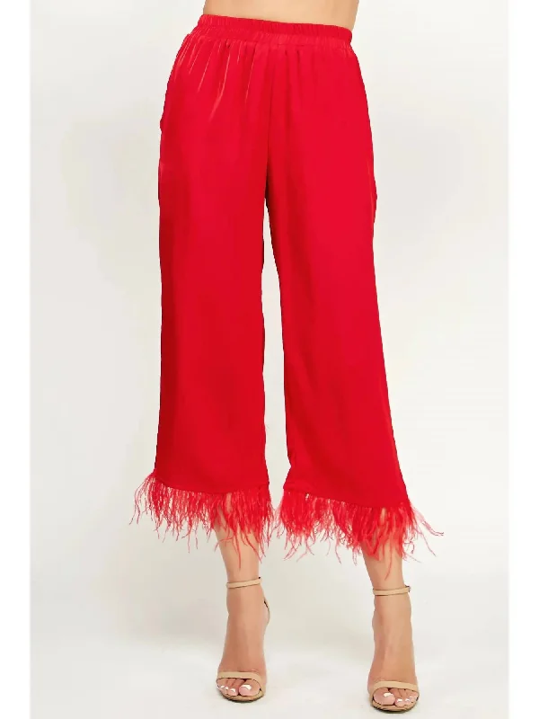 women's slim-fit pantsFoncy Feather Trim Pants In Crimson