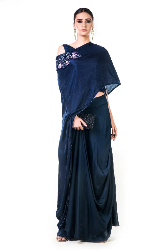 Formal Dress for Awards CeremoniesMidnight Blue Draped Gown With A Hand Embroidered Cape Dupatta