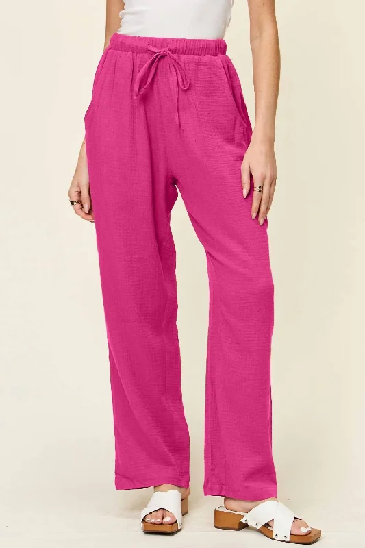 women's designer pantsTexture Drawstring Straight Pants In Hot Pink