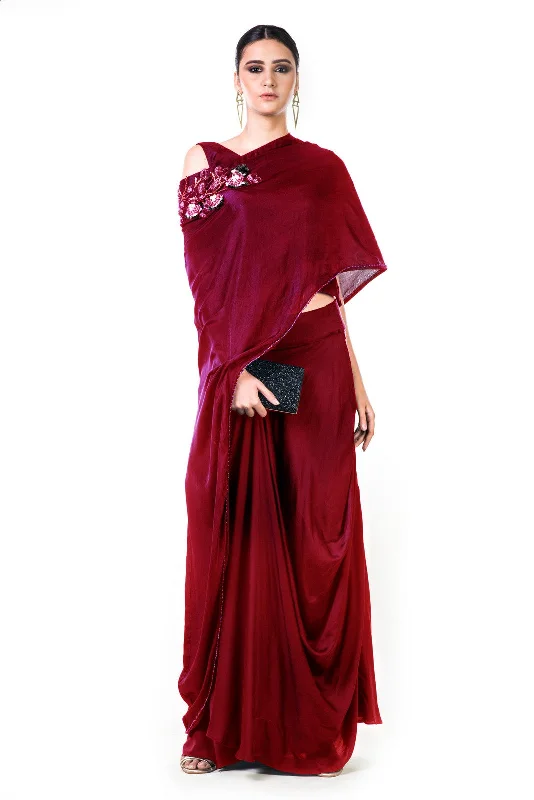 Formal Dress for Charity BallsMaroon Draped Gown With A Hand Embroidered Cape Dupatta