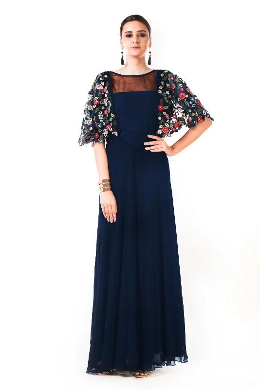 Formal Dress for Golden GlobesMidnight Blue Hand Embroidered Cape Style Gown