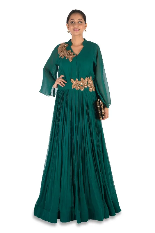 Formal Dress for Theme Park EventsHand Embroidered Bottle Green Flare Sleeve Gown