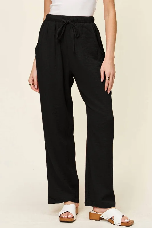 women's chic pantsTexture Drawstring Straight Pants In Black