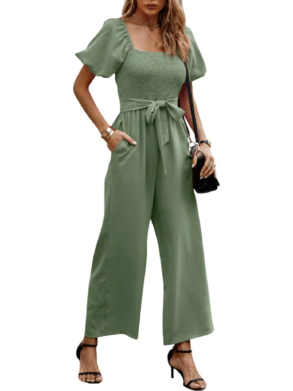 women's ankle-length pantsSmocked Wide Leg Jumpsuit In Green