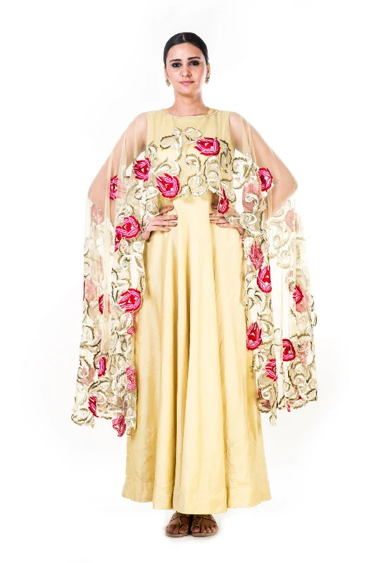 Formal Dress for WeddingsEmbroidered Yellow Gown With A Floral Work Cape