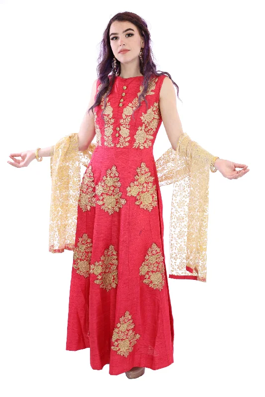 Formal Dress for Polo MatchesSpring into Coral Embroidered Silk Anarkali Gown - 9208