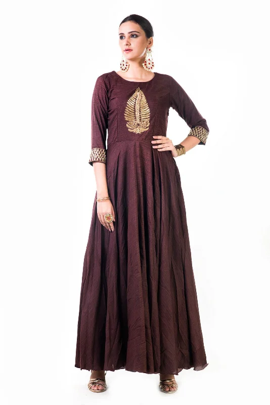 Formal Dress for Winter WeddingsBrown Leaf Hand Embroidered Silk Anarkali Gown