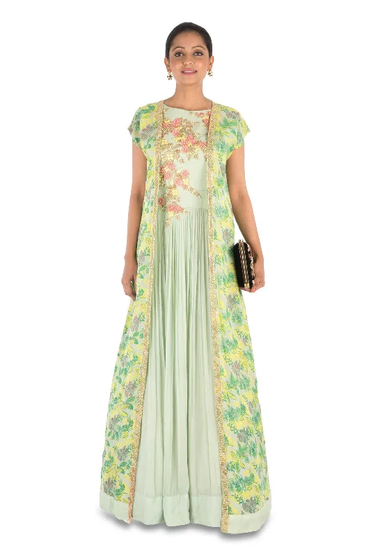 Formal Dress for ConcertsHand Embroidered Pale Green Micro Pleated Flare Gown With Printed Jacket