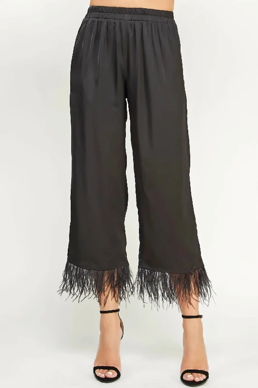 women's ankle-length pantsFoncy Feather Trim Pants In Black