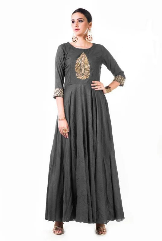 Formal Dress for Summer WeddingsGrey Leaf Hand Embroidered Silk Anarkali Gown