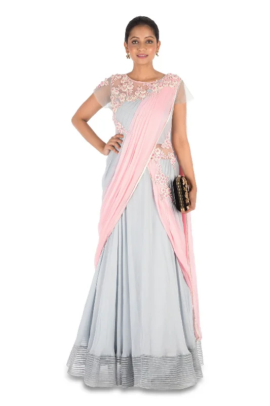 Formal Dress for Civil CeremoniesHand Embroidered Pastel Pink & Grey Gown Saree