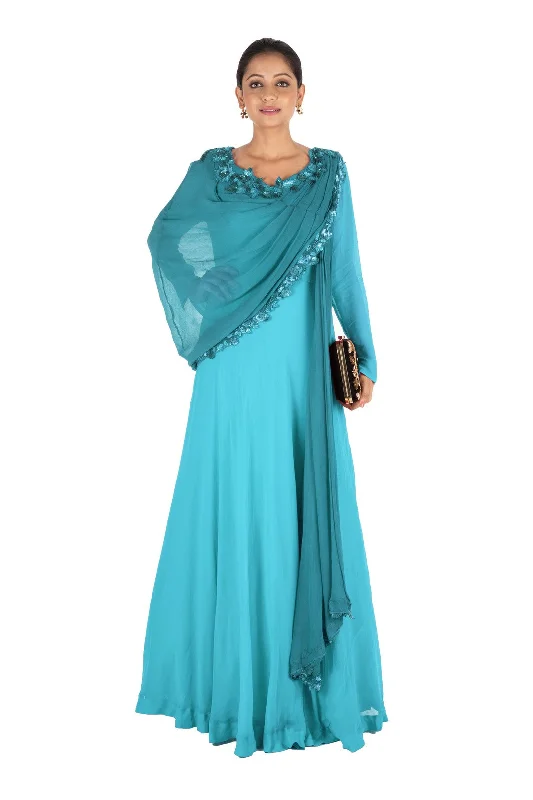 Formal Dress for Museum GalasHand Embroidered Cerulean Blue Flare Gown With Attahed Dupatta