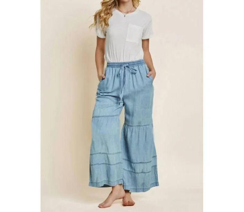 women's travel pantsMaggie Tiered Wide Leg Pants In Washed Denim