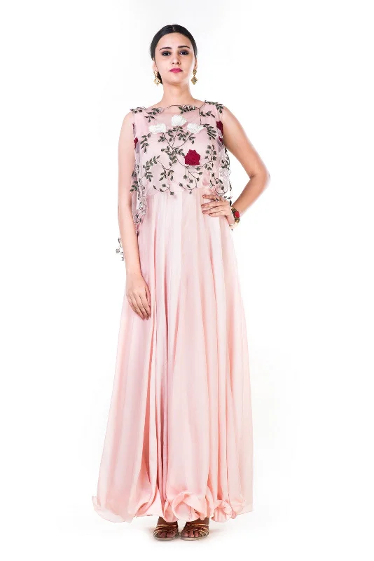 Formal Dress for Cocktail PartiesRose Embroidered Net Top With A Dusty Pink Gown