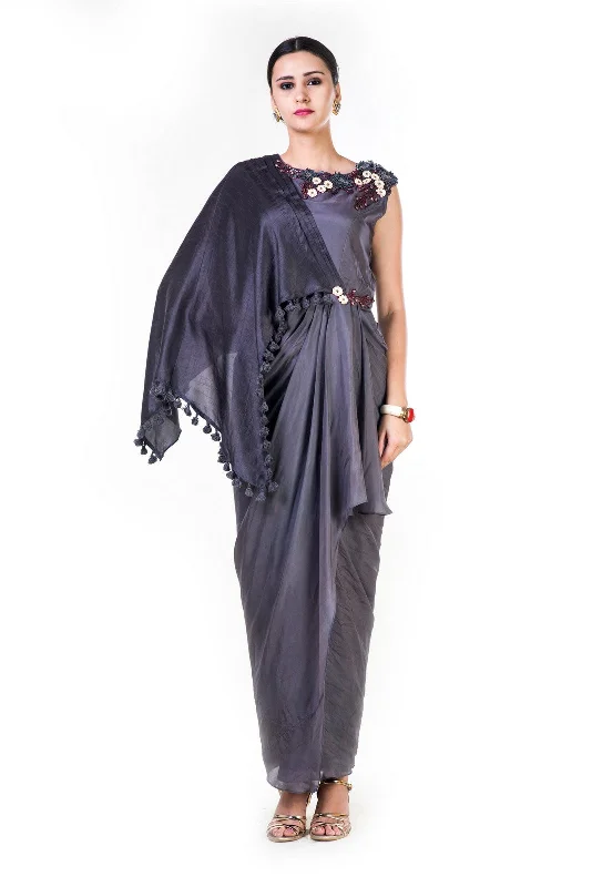 Formal Dress for Emmy AwardsEmbroidered Charcoal Grey Asymmetrical Cape Draped Gown