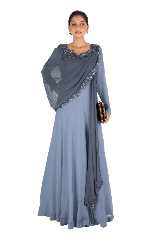 Formal Dress for Garden WeddingsHand Embroidered Grey Gown With Attahed Dupatta