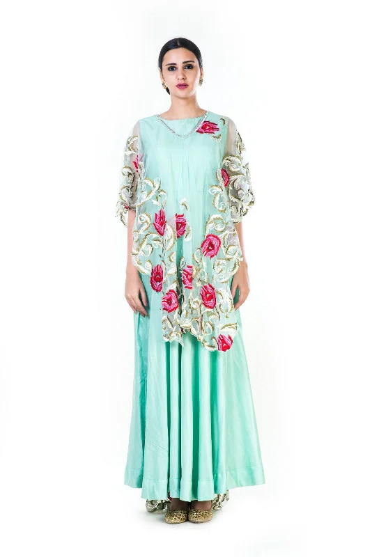 Formal Dress for PromsEmbroidered Firozi Gown With A Floral Work Cape