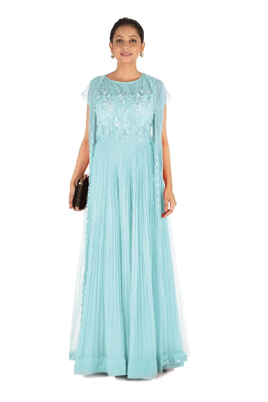 Formal Dress for Small WeddingsHand Embroidered Powder Blue Mirco Pleated Flare Gown With Jacket