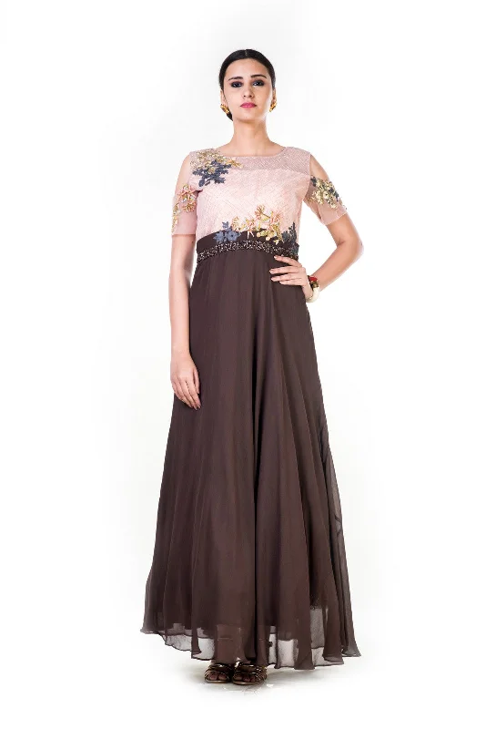 Formal Dress for Business EventsHand Embroidered Peach & Brown Cold Shoulder Gown