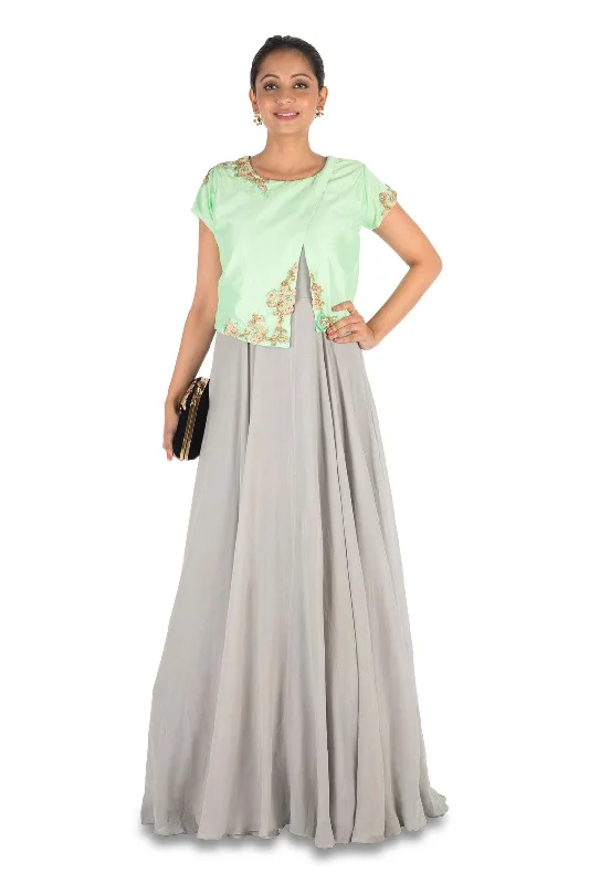 Formal Dress for Black-Tie Optional EventsHand Embroidered Powder Green & Grey Jacket Gown