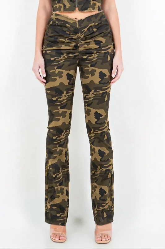 women's sophisticated pantsV-Cut Camo Flared Pants In Olive Camo