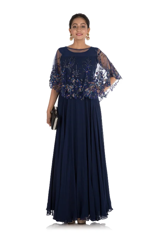 Formal Dress for Costume BallsFloral Hand Embroidered Midnight Blue Cape Gown