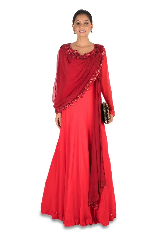 Formal Dress for Theater OpeningsHand Embroidered Crimson Red Flare Gown With Attahed Dupatta