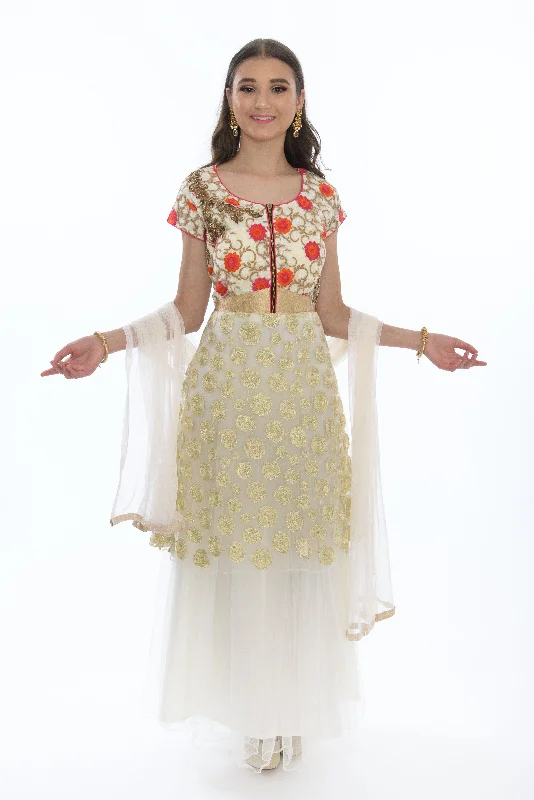 Formal Dress for Fashion WeeksSensual & Modern White and Gold Anarkali Gown