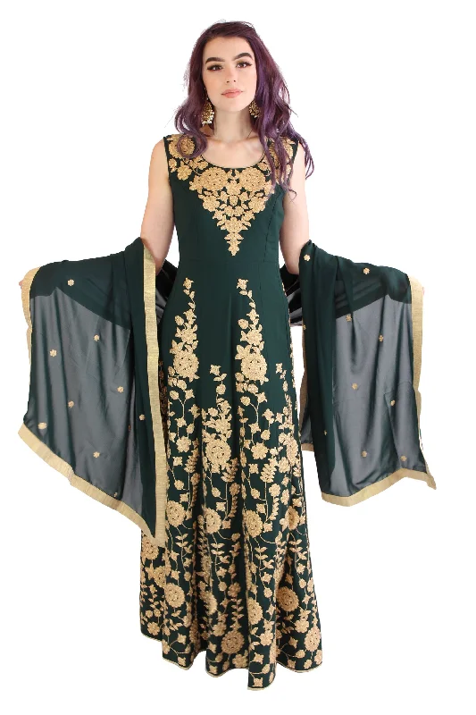 Formal Dress for Humanitarian AwardsHunter Green and Gold Embroidered Long Anarkali Gown