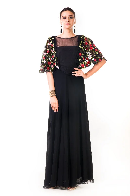 Formal Dress for Winter Formal EventsBlack Hand Embroidered Cape Style Gown