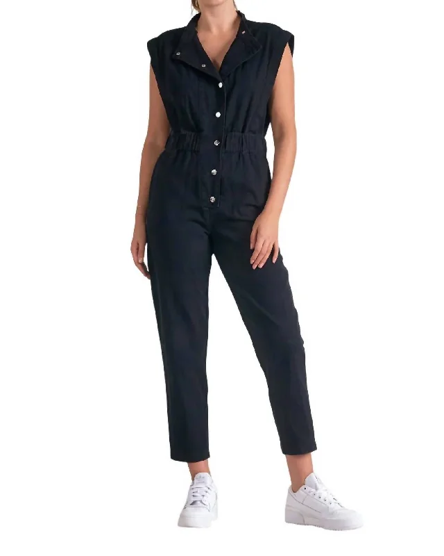 women's breathable pantsButtoned Front Sleeveless Jumpsuit In Black