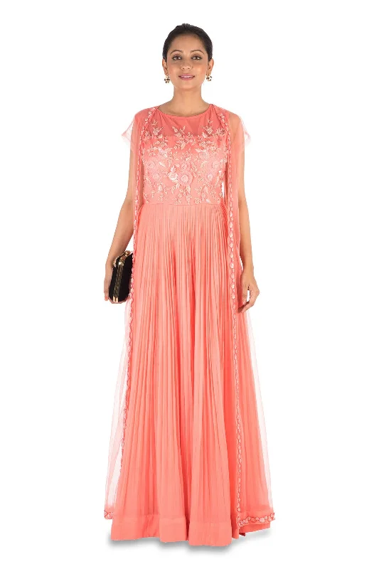 Formal Dress for Art GalleriesHand Embroidered Coral Mirco Pleated Flare Gown With Jacket