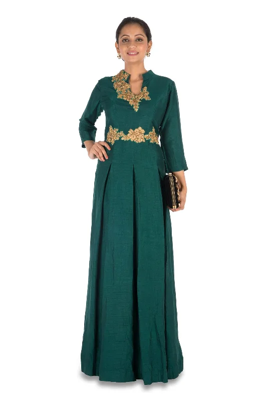 Formal Dress for Glamorous ThemesDark Green Box Pleat Gown