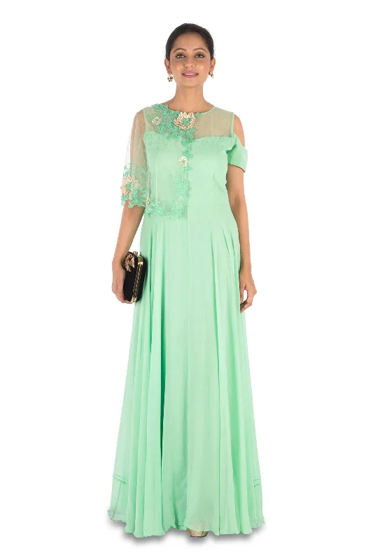 Formal Dress for Urban ThemesHand Embroidered Lime Green Gown With One Side Cape & Cold-Shoulder