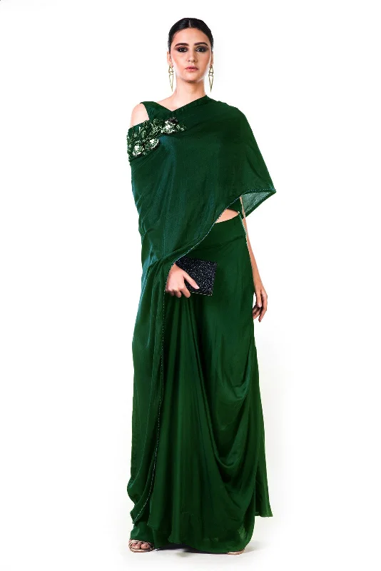 Formal Dress for Formal DinnersBottle Green Draped Gown With A Hand Embroidered Cape Dupatta.